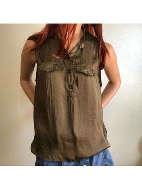 H&M Olive Green Satin Sleeveless Button Up Blouse